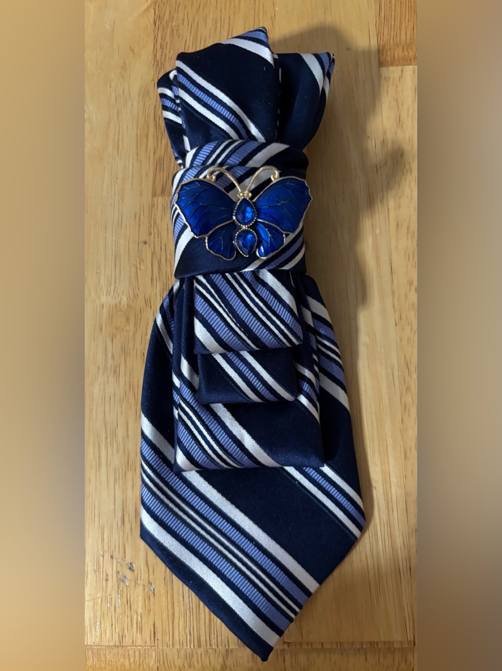 Blue Striped Men’s Tie Necklace Accessory with Blue Butterfly Accent